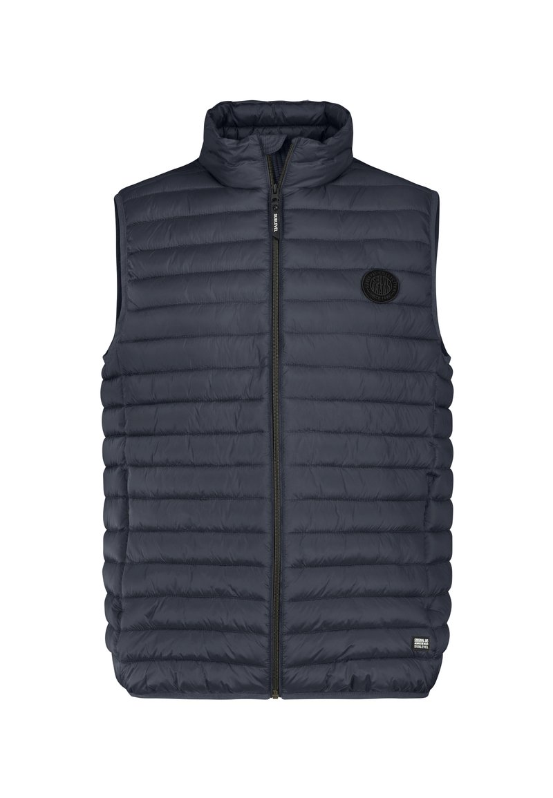 Navyblauer, gesteppter, ärmelloser Weste mit Reißverschluss vorne, hohem Kragen und zwei kleinen schwarzen Marken-Patches auf Brust und Saum.