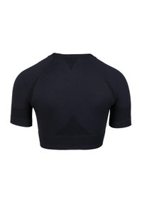 Zwarte sportieve crop top met korte mouwen. Gemaakt van rekbare stof, met textuur insets van gaas en een band met "GORILLA WEAR" branding.