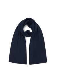 Granatowy szalik z prążkowanej tkaniny o miękkiej teksturze, w długim prostokątnym kształcie, bez wyraźnych elementów metalowych czy akcentów.