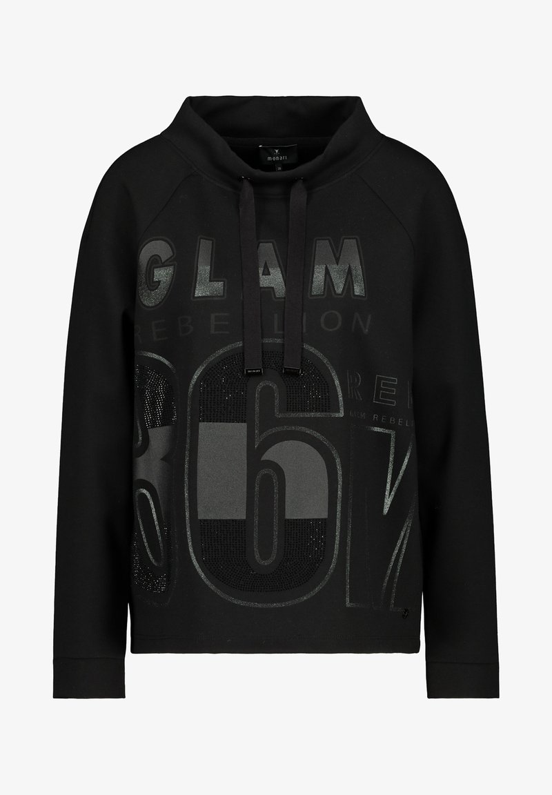 Hoodie noir avec col haut, affichant des lettres audacieuses "GLAM" et "REBELLION". Tissu doux, manches raglan et éléments graphiques texturés.