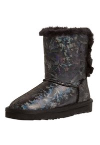 Botte cheville noire et brillante avec une surface texturée, une bordure en fausse fourrure, et trois boutons décoratifs sur le côté. Semelle en caoutchouc avec un bord strié.
