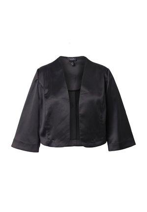 Černé saténové krátké bolero s otevřeným předním dílem, tříčtvrtečními rukávy a šálovým límcem.