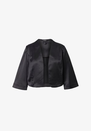 Boléro court en satin noir, ouvert devant, avec manches trois-quarts et col châle.