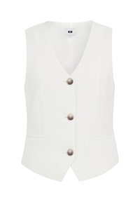 Biely bezrukávový ušitý na mieru s výstrihom do V, tromi prednými gombíkmi a dvoma vodorovnými vreckami v páse.