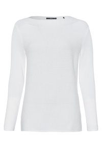 Maglione bianco a maniche lunghe con texture a coste, scollatura a barca e vestibilità comoda, con un piccolo cartellino del marchio sul retro.