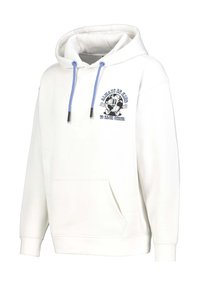 Weißer Kapuzenpullover aus weichem Stoff, mit blauen Kordeln, einer Brusttasche und einem grafischen Design mit Text auf der Vorderseite.
