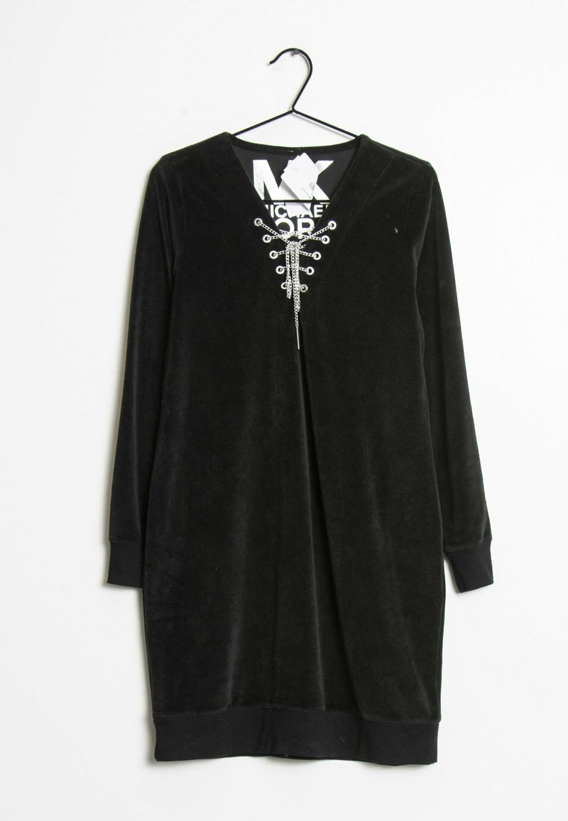Vestido largo de terciopelo negro con mangas largas, escote en V y detalle de cordones en la parte frontal. Presenta puños acanalados y un ajuste relajado.