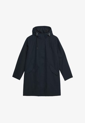 Cappotto lungo fino al ginocchio di colore blu navy scuro con cappuccio, dotato di due tasche laterali, corde regolabili e design dritto. Tessuto leggero.