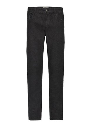 Jeans de mezclilla negros con corte recto. Las características incluyen cinco bolsillos, un cierre de botón y costuras sutiles a lo largo de las costuras.