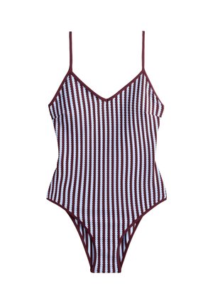 One-piece swimsuit with thin straps, vertical maroon and white textured stripes, and a V-neckline.