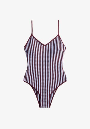 One-piece swimsuit with thin straps, vertical maroon and white textured stripes, and a V-neckline.