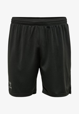 Shorts de sport noirs en tissu lisse et léger avec une taille élastique. Présente un petit logo de la marque en bas à gauche.