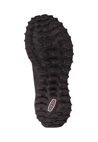 Schuhsohle mit strukturiertem Gummi und multidirektionalen Stollen für Trittsicherheit, in dunkler Farbe mit geprägtem Logodesign.