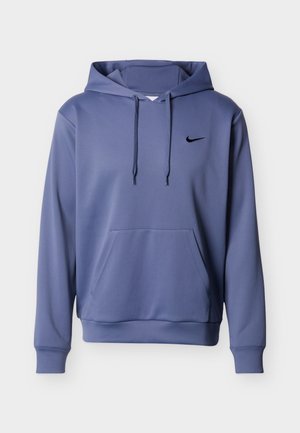 Μπλε φούτερ Nike με καγκουρό τσέπη στο εμπρός μέρος, ρυθμιζόμενο κορδόνι κουκούλας και μαύρο λογότυπο Nike Swoosh στο στήθος.
