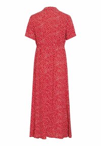 Κόκκινο μίντι φόρεμα με κοντά μανίκια, γιακά και λευκό ακανόνιστο πουά σχέδιο, εμφανίζεται από πίσω σε λευκό φόντο.