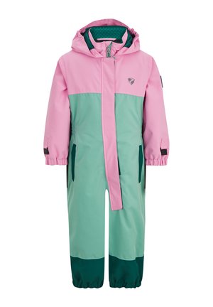 Kinder sneeuwpak in roze en mintgroen, met een capuchon, rits aan de voorkant, elastische manchetten en zijzakken met donkergroene accenten.