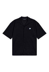 Black short-sleeve button-up shirt made of textured fabric, featuring a pointed collar and a small embroidered logo on the left chest.