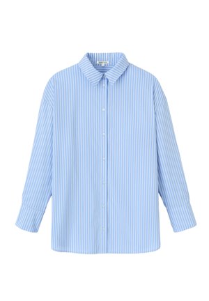 Chemise bleu clair à boutons, en coton. Présente des rayures verticales blanches, un col pointu et des manches longues avec des poignets à boutons.