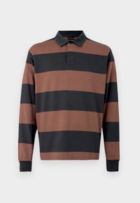 Μπλούζα ράγκμπι με μακριά μανίκια, με εναλλασσόμενες πλατιές οριζόντιες καφέ και μαύρες ρίγες, μαύρο γιακά και κουμπωτή τρέσα.