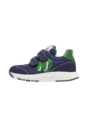 Child's navy blue and green sneaker with white sole and two adjustable Velcro straps on a white background.