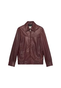 Giacca in pelle bordeaux con finitura lucida, zip frontale, ampio colletto e due tasche laterali. Caratterizzata da una vestibilità comoda e maniche lunghe.