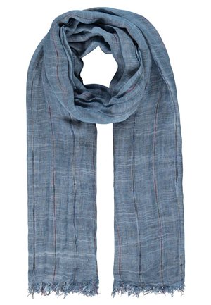 Jasnoniebieski szalik z delikatnymi pionowymi paskami i frędzlami na krawędziach, luźno złożony z centralną pętlą.
