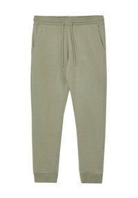 Khakifarbene Baumwoll-Jogginghose mit verstellbarem Bund, zwei Seitentaschen und schmal zulaufenden Bündchen. Sie zeichnet sich durch eine glatte Textur und ein schlichtes Design aus.