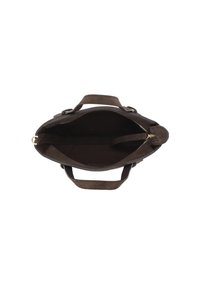 Sac à main en daim marron avec deux poignées, un haut ouvert et une poche intérieure zippée. L'intérieur est sombre avec une texture lisse.