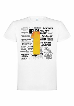 Valkoinen puuvillateepaita, jossa on mustaa ja keltaista typografiaa kappaleiden nimillä ja bändin nimellä "The Beatles", keskellä erottuva keltainen numero "1".