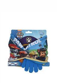Gants en peluche bleus avec un design Paw Patrol, ornés de personnages de dessin animé et d'une prise texturée. Inclut un masque-cadeau coloré emballé derrière.