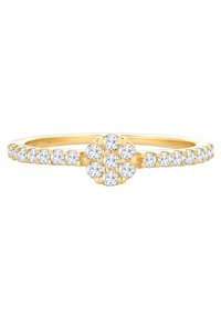 Guldring med et centralt blomstermotiv omkranset af flere runde klare ædelsten, sammen med en ring med yderligere små klare sten.