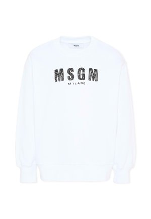 Biała bluza z długim rękawem z czarnym teksturowanym napisem "MSGM" oraz mniejszym napisem "MILANO" poniżej na piersi.