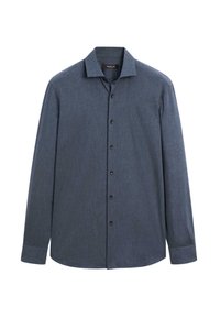 Long-sleeve shirt in dark blue fabric, button-down front, pointed collar, and black buttons. Smooth texture with a tailored fit.