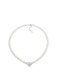 Collana di perle con perle bianche rotonde alternate e un pendente a forma di cuore in argento con un design decorativo e chiusura sicura.