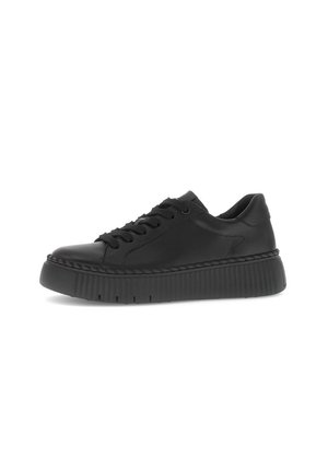 Black low-top sneaker with thick ridged sole, stitched detailing, and lace-up closure, shown in side profile on white background.