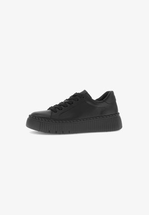 Baskets noires basses avec une semelle épaisse à rainures, des détails cousus et un système de laçage, présentées en profil latéral sur fond blanc.