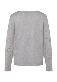 Grauer Pullover mit langen Ärmeln und rundem Ausschnitt. Die Ärmel sind mit dekorativen Nieten in einem gepunkteten Muster verziert. Weiche Stricktextur. Ansicht von hinten.