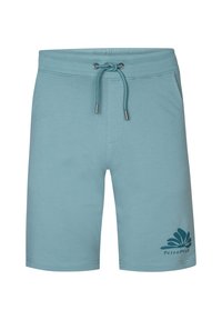Lichtblauwe katoenen shorts met een elastische tailleband en koord. Heeft een logoontwerp op het linkerbeen. Eenvoudige, casual stijl.