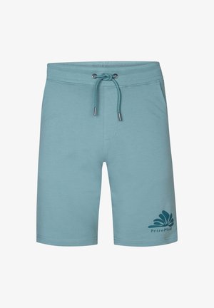 Lichtblauwe katoenen shorts met een elastische tailleband en koord. Heeft een logoontwerp op het linkerbeen. Eenvoudige, casual stijl.