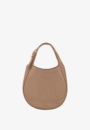 Brown leather handbag with a textured surface, curved shape, and a single short handle. Features a gold-tone hardware accent. Minimalist design.