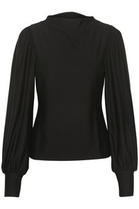 Black long-sleeve blouse with a high neckline, featuring puffed shoulders and fitted cuffs. Smooth texture and tailored fit.