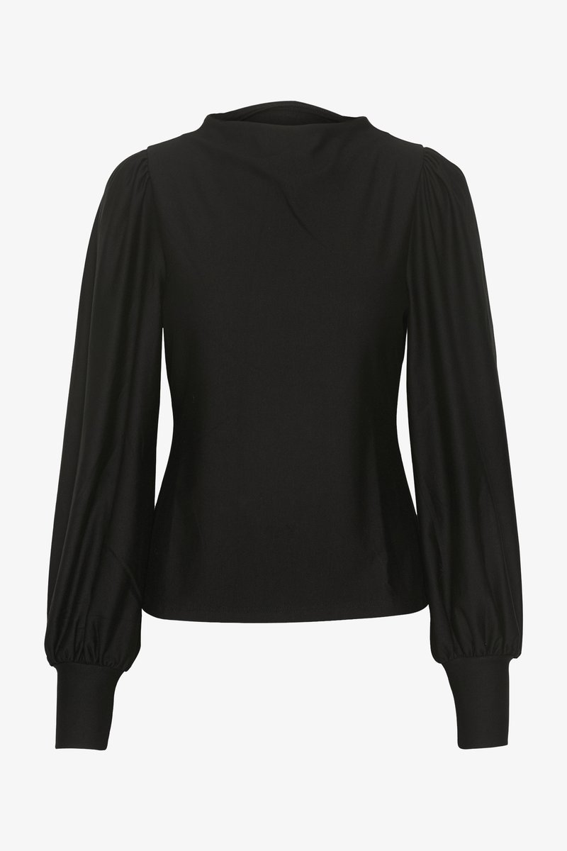 Black long-sleeve blouse with a high neckline, featuring puffed shoulders and fitted cuffs. Smooth texture and tailored fit.