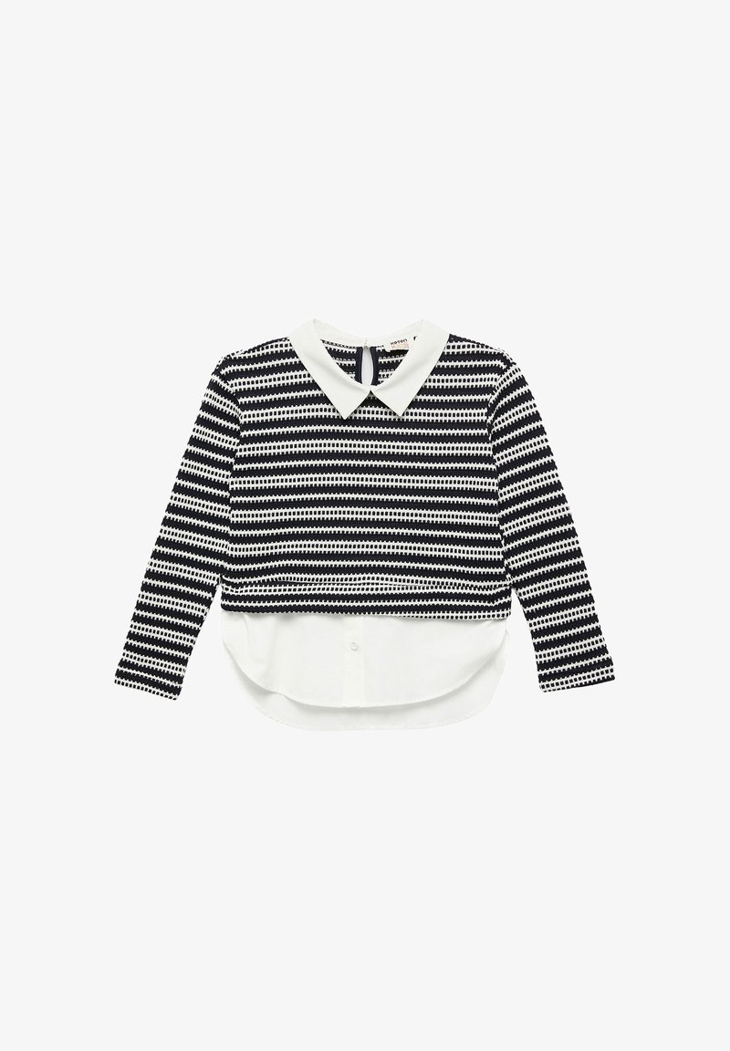 Czarny i biały w paski longsleeve z białym kołnierzykiem, nałożony na białą dolną część, z zaokrąglonym hemem i detalem w postaci guzika.
