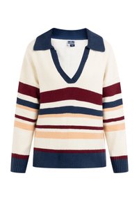 Crèmekleurige pullover trui met horizontale strepen in blauw, bordeaux en oranje. Heeft een V-hals en ribbelmanchetten in een contrasterend marineblauw.