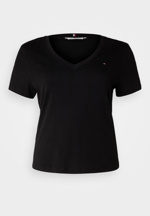 Black short-sleeve t-shirt with a v-neckline, made from a smooth fabric. Features a small embroidered logo on the chest.