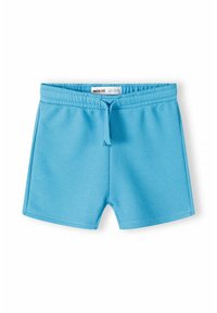 Pantaloni corti in cotone azzurro chiaro con cintura elastica e cordino, texture liscia e un piccolo logo su un lato.