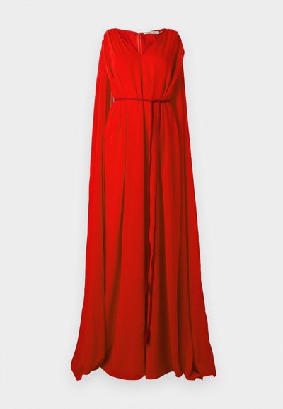 Red dress with a V-neckline, long flowing sleeves, and a cinched waistline. Made of lightweight fabric, featuring a zipper at the back.