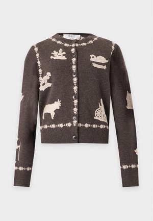 Gilet marron foncé boutonné sur le devant, avec des bordures florales crème et des motifs folkloriques brodés, dont une vache, un lapin et un rouet.