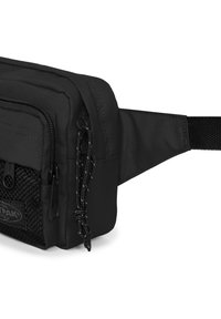 Black nylon waist bag with a zippered front pocket, mesh paneling, adjustable strap, and textured fabric detailing. Compact rectangular shape.