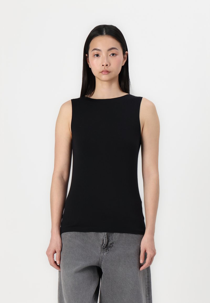 Black sleeveless top with a round neckline, made from smooth, stretchy fabric. Worn with gray wide-leg jeans, minimal design, no visible patterns.